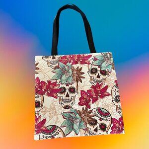 Sugar Skulls Floral Goth Painted Fabric Tote Casual Everyday Tote
